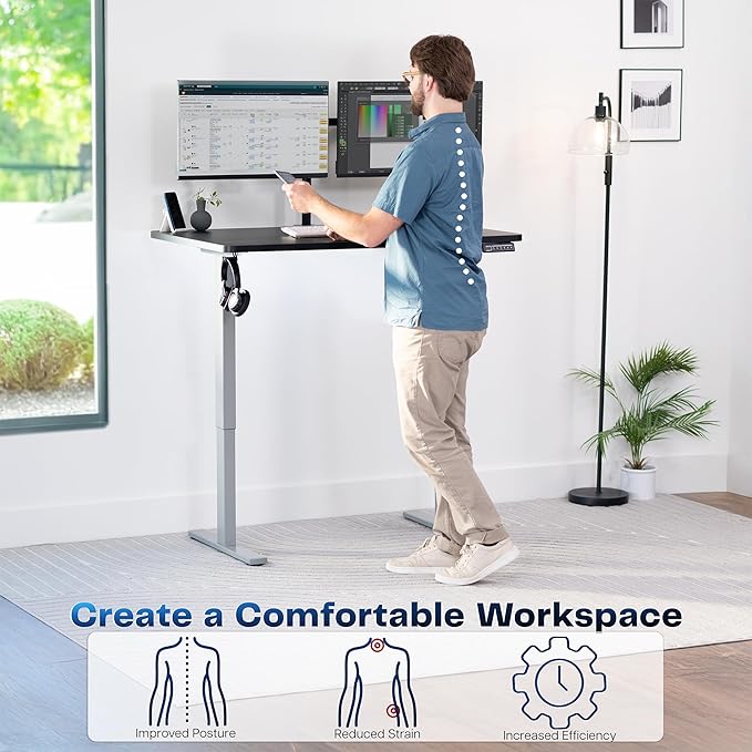 VIVO Electric 48 x 30 in Standing Desk, Memory Height Adjustment, 1B Series, Holds 220 lbs, One-Piece Black Top, Gray Frame, DESK-KIT-1G5B