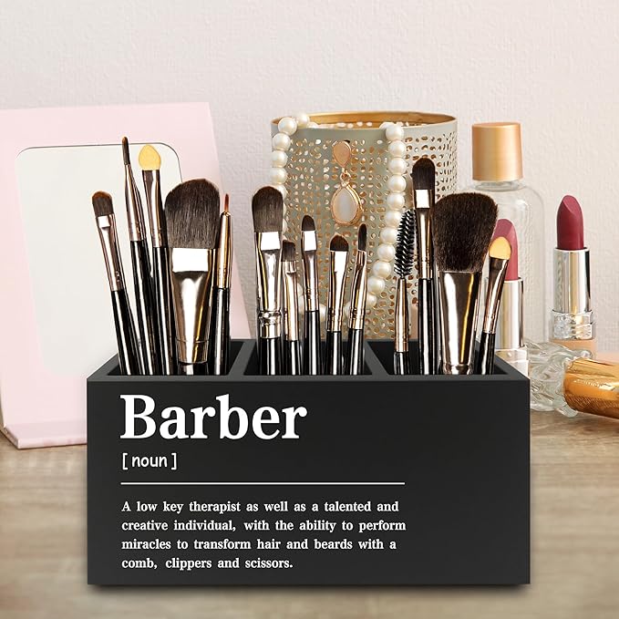 QZQE Barber Definition Pen Pencil Holder Organizer for Desk, Salon Barbershop Decor, Modern Minimalist Barber Shop Wooden Box Signs Decorations for Home Office Desk Tabletop