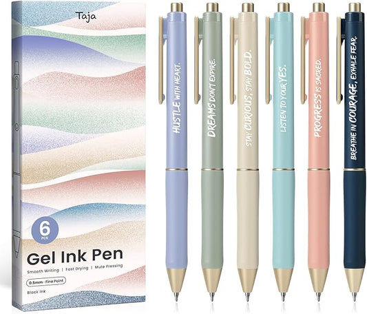 Taja Gel Pens, 6 Pcs Quick Dry Black Gel Ink Pens, 0.5mm Fine Point Smooth Writing Pens for Journaling and Note Taking, Cute Aesthetic Pens for Women & Men-Inspire