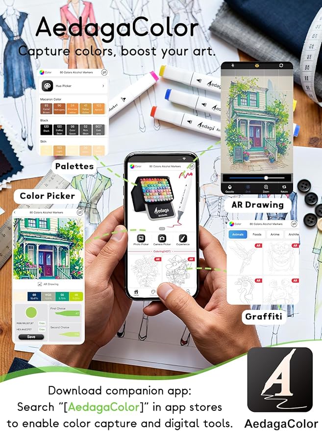 AEDAGA 200 Colors Alcohol Markers with Free App, Dual Tip Art Marker with Kickstand Case for Artists Adults. Alcohol Based Markers for Coloring Painting Sketching and Drawing, Great Gift