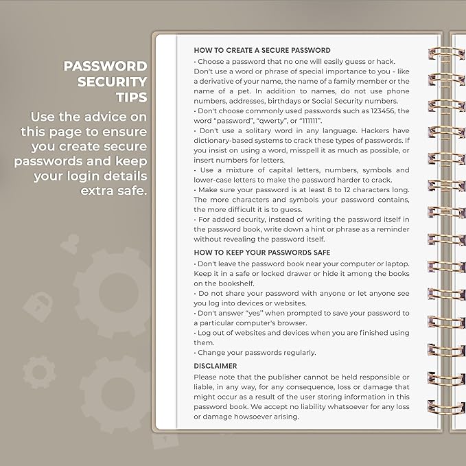 Clever Fox Password Book Spiral – Internet Address & Password Organizer with Laminated Alphabetical Tabs – Password Keeper Journal – Hardcover, Medium Size, 6.1x7.7” (Seashell)