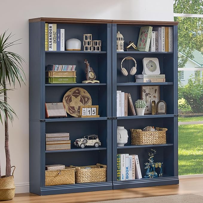 RWYHG 70" Blue Tall Bookshelf Set of 2,5-Tier Thick Wooden Book Shelf with Adjustable Shelves,Free Standing Farmhouse Bookcase with Open Display Storage,Floor Vintage Bookshelves for Living Room