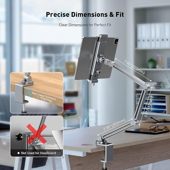 AboveTEK 2-in-1 iPad Stand for Desk, Aluminum iPad Holder Arm with Clamp & Magnetic Ring Head, 360° Adjustable Tablet Stand Holder, Bed Clamp Mount for 4.7"-13" iPads Air/Pro/Mini, Galaxy Tab & Phones