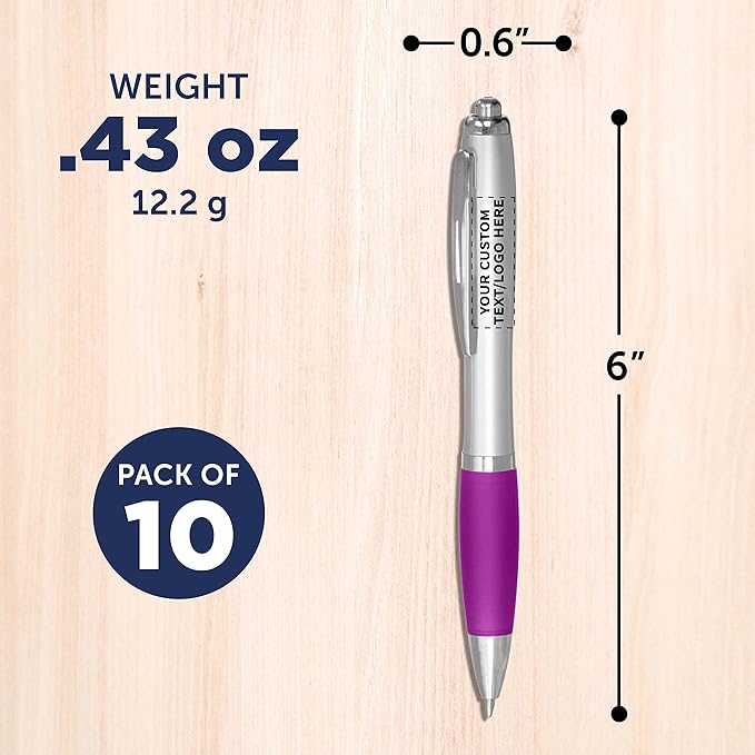 DISCOUNT PROMOS Personalized Ballpoint Pens With Rubber Grip, 10 pack Customizable Ergonomic Click-to-Write Custom Writing Pens for School with Black Ink, Purple