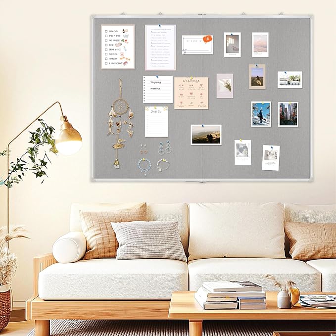AMUSIGHT Double-Sided Large Cork Board with Linen, 48" x 36" Foldable Hanging Aluminum Framed Bulletin Board, Vision Board Pin Board Corkboards for Walls, Office, School Decor, 20 Pushpins