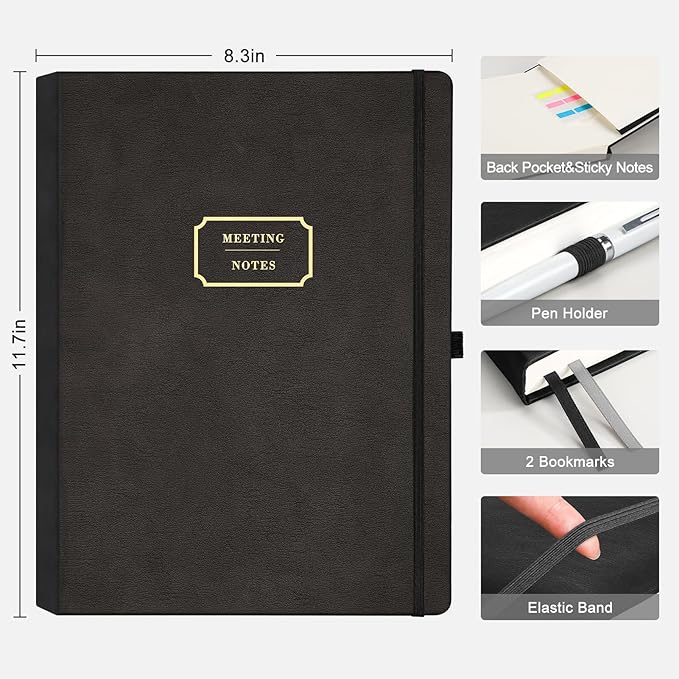 EMSHOI Meeting Notebook for Work with Sticky Tabs - 240 Pages, A4 Size Project Planner, PU Leather Meeting Agenda/Minutes Organizer for Women Men, Note Taking, Office & Business, 8.3"x11.7", Black