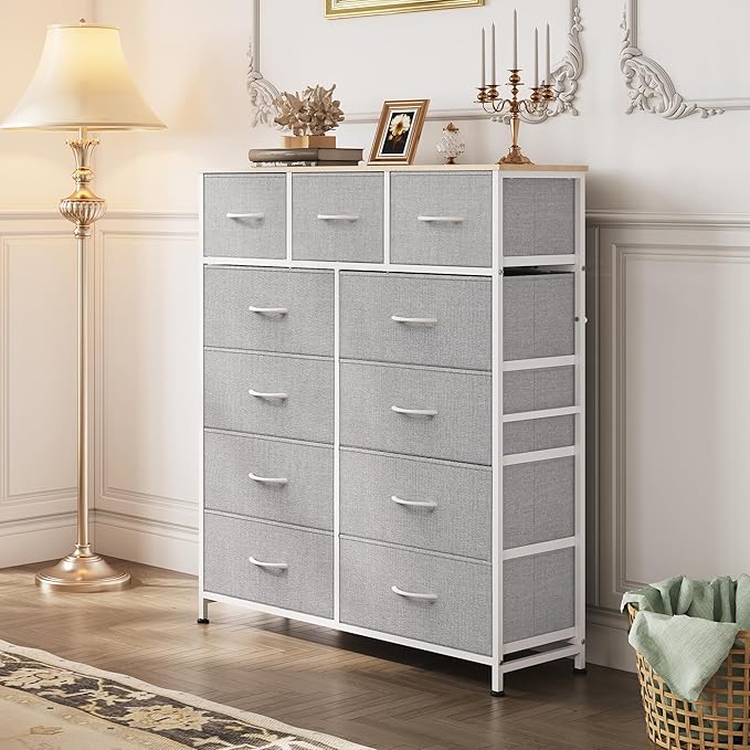WLIVE Tall Dresser for Bedroom, Fabric Dressers Storage Tower, Dresser & Chest of Drawers Organizer Unit with 11 Drawers, Storage Cabinet, Hallway, Closets, Steel Frame, Wood Top, Light Grey