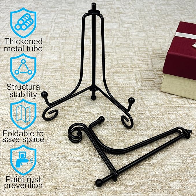 HENABLE 4PCS Premium Black Iron Plate Stands for Display 4 Inch, Decorative Solid Metal Plate Holders for Displaying, Mini Easel, Frame, Book, Card, Plaque, Bowl, Picture Stands for Display