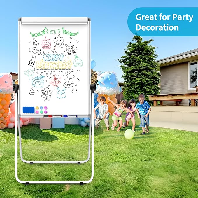 DexBoard U-Stand Double Sided 40" x 28" Magnetic Dry Erase Easel, Height Adjustable & 360° Rotating Whiteboard with 1 Eraser, 6 Magnets and Paper Pads