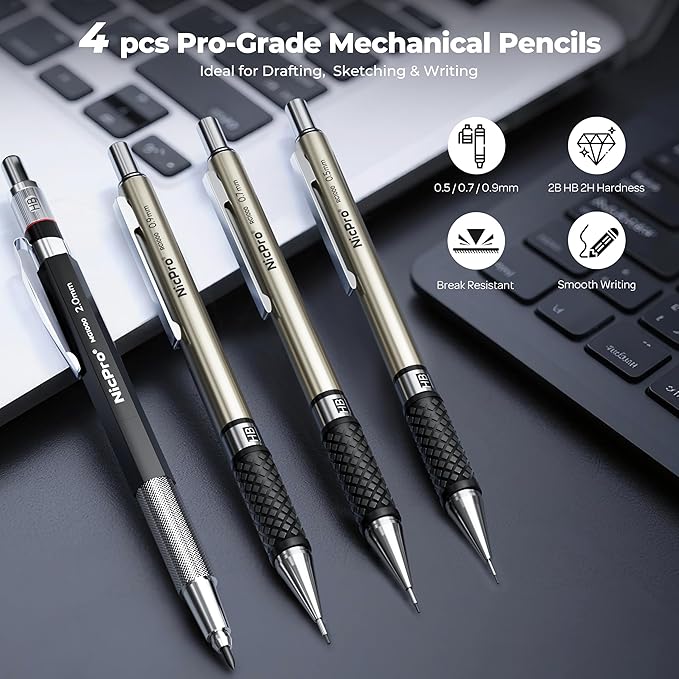 Nicpro 16PCS Drafting Tools with 12‘’ Aluminum Architect Scale Ruler, Mechanical Pencils 0.5, 0.7, 0.9 & 2mm, Lead Refills, 2 Pack Graph Paper Pad, Geometry Drawing Kit for Engineers Students Design