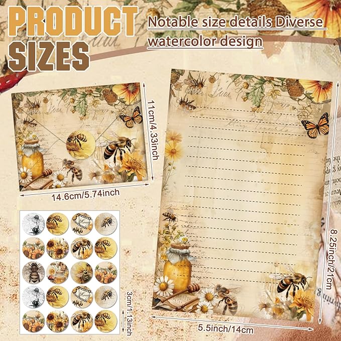 TaoBary 160 Pcs Stationery Paper Set 50 Double Sided Stationery Papers with 50 Matching Envelopes and 60 Round Dot Sticker, 10 Design (Vintage Bee Floral Butterfly,8.25 x 5.5 Inch)