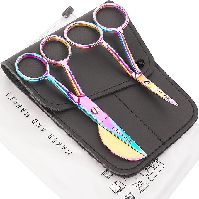MAKER AND MARKET Small Embroidery 4.5 Inch Scissors Set of 2 Kit - Mini Double Bend Offset Duckbill and Double Bend Long Applique Needlepoint Blade with Pouch Sleeve (Rainbow)