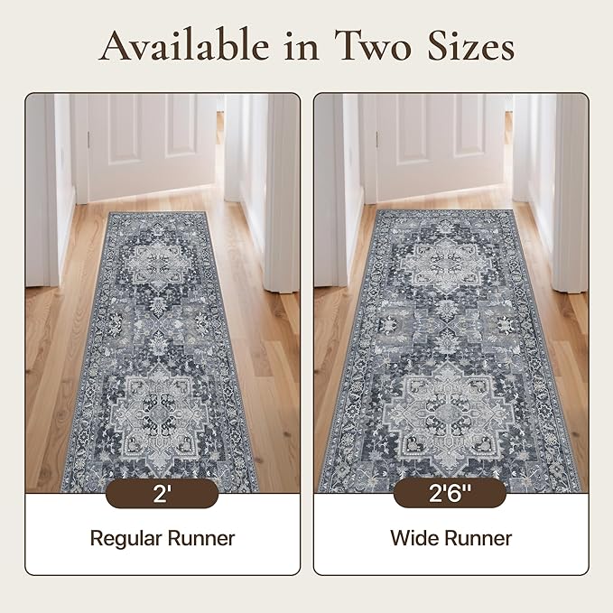 GENIMO 2'6''x8 Runner Rugs for Hallway, Machine Washable Non Slip Vintage Rugs, Low Pile Lightweight Soft Print Rug for enrtyway, Corridor, Home Office, Kitchen,Dark Gray