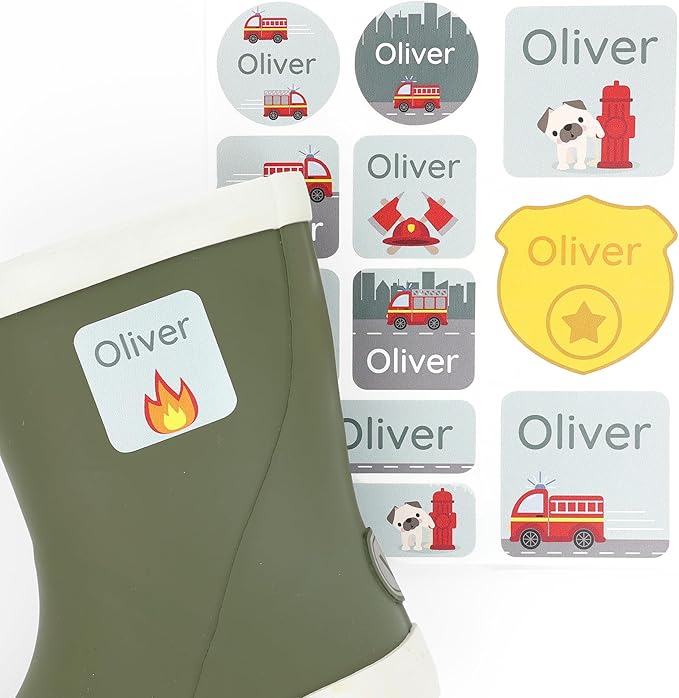 Large Name Labels for Kids (33) - Custom Stickers for Daycare and School Supplies - Durable, Waterproof Stickers for Water Bottles, Lunch Boxes, and More with Unique Designs - Fire