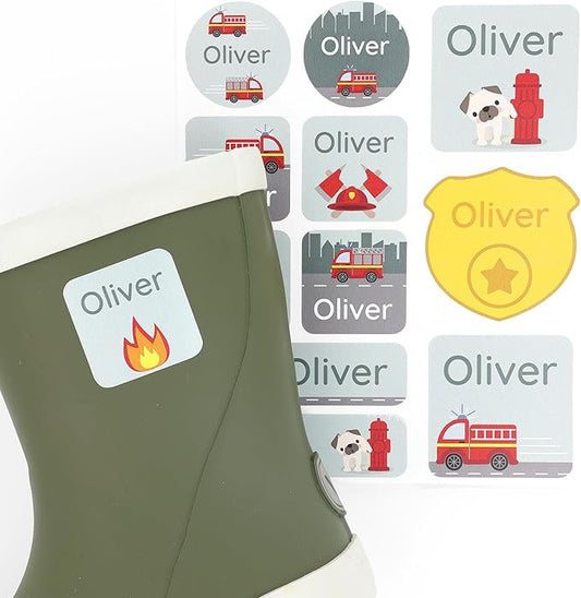 Large Name Labels for Kids (33) - Custom Stickers for Daycare and School Supplies - Durable, Waterproof Stickers for Water Bottles, Lunch Boxes, and More with Unique Designs - Fire