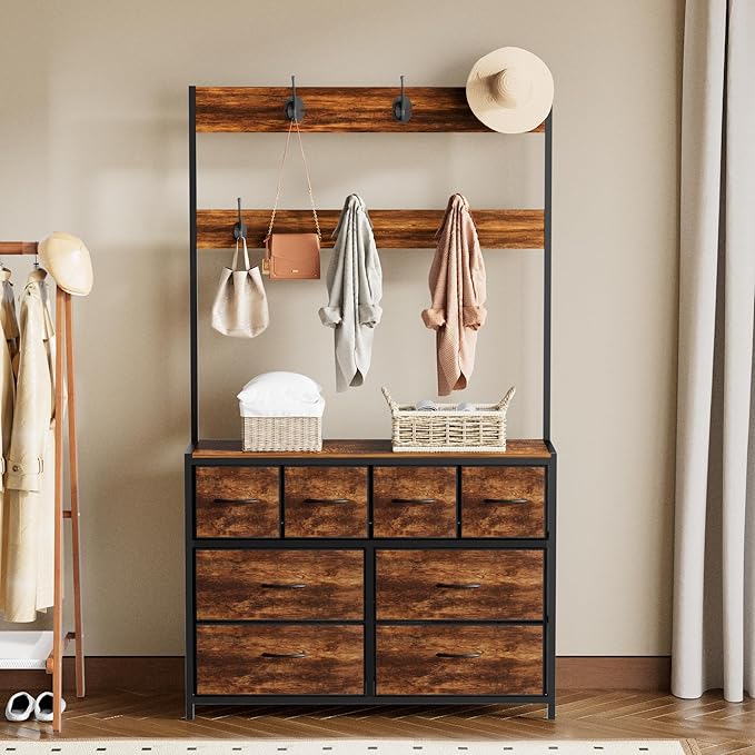 YKVIQBY 8 Drawer Dresser with 6 Double Hooks, 68.9" Tall Closet Organizer and Storage, Fabric Dresser for Bedroom, Nursery, Closet, Space-Saving Freestanding Storage Cabinet (Rustic Brown)