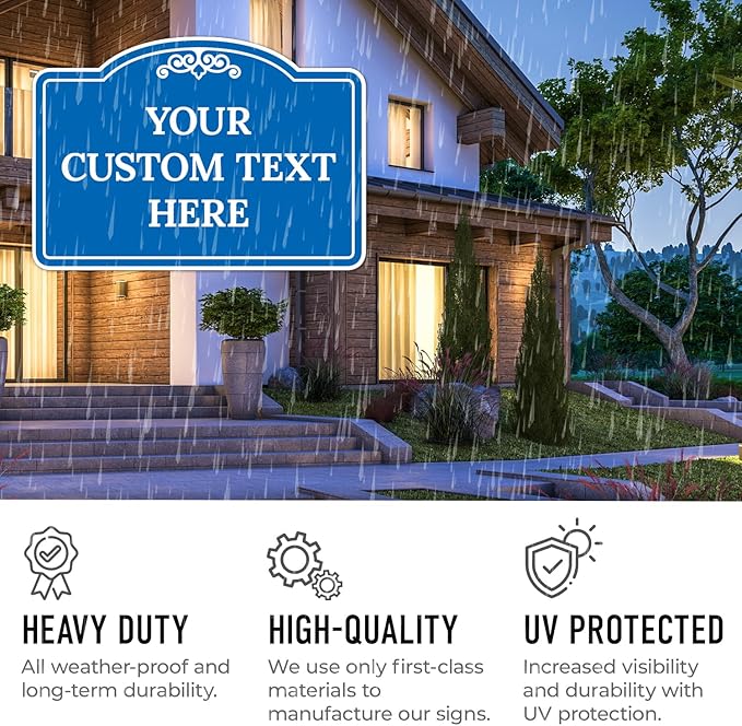 Custom Decorative Sign, Personalized Metal Sign for Business, Driveway, Home, Airbnb, Office Door Plaque, Blue Background Sign, 14x10 Inches, ACM, Fade Resistant, Made in USA by Sigo Signs
