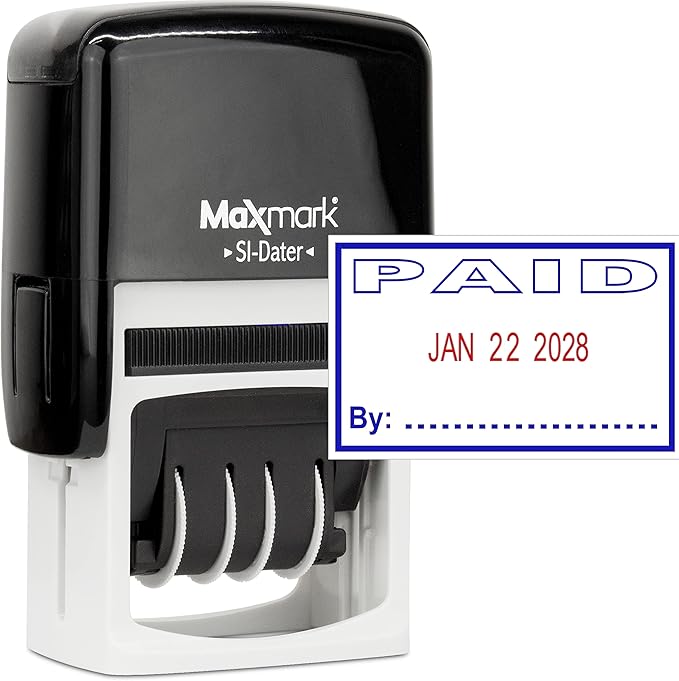 MaxMark Office Self Inking Date Stamp with Phrase Paid - 2 Color Blue/Red Ink