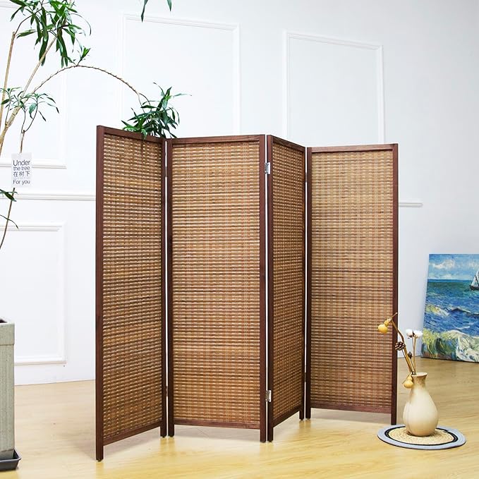 Furnnylane 4 Panel Short Room Divider Screen,Brown Freestanding Partition,Small Bamboo Panel Divider for Room Seperation,3.95 FT Tall