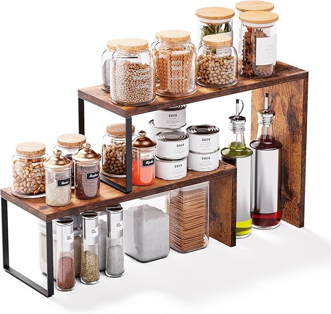 Vfelf Kitchen Countertop Organizer, Spice Rack Cabinet Organizer Shelf Stackable Counter Corner Shelves Organization and Storage for Pantry, Counter top, Coffee Station Wood Rustic Brown