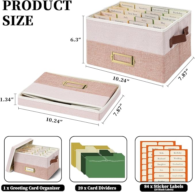 Vienrose Greeting Card Organizer Box with 20 Removable Dividers, 84 Self-Adhesive Labels, Foldable Storage Box Great for Greeting Cards, Photos, Envelopes, Stickers, Postcards Light Pink&Lotus