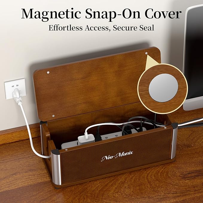 Delamu Wooden Cable Management Box, Retro-Inspired Look Desk Cord Organizer Box for Home Office, Large Cable Organizer Hides Cords and Power Strips, Power Strip Cover, 14.3" x 6.0" x 5.5", Dark