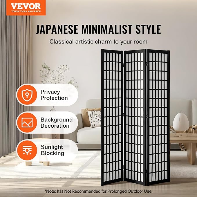 VEVOR Room Divider, 3 Panel Japanese Room Divider, Wood Folding Privacy Screen Indoor, Japanese Partition Dividers Portable Decoration Screens, for Room Separation Home Office Restaurant & Bedroom