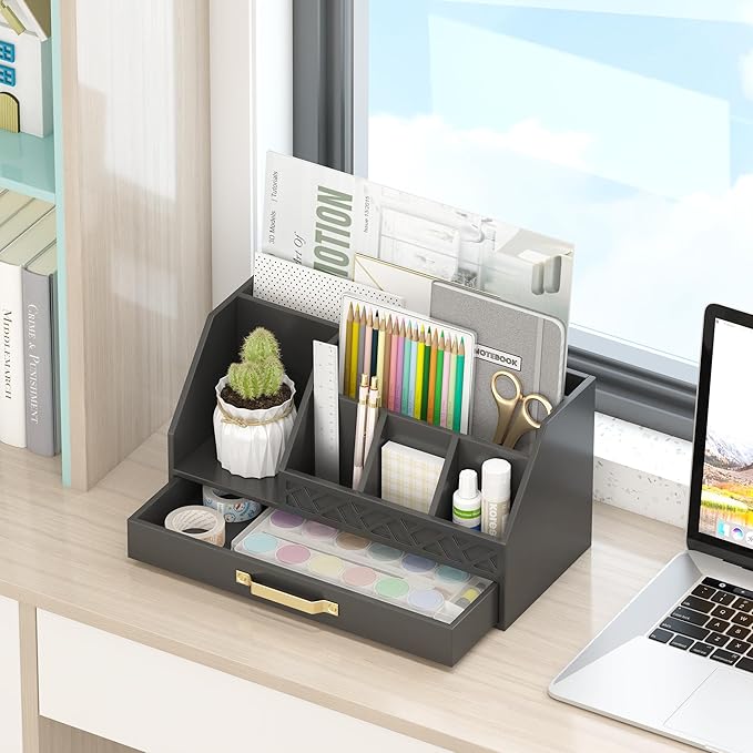 Wisuce Essentials Bamboo Desk Organizer with Drawers, Mail Organizer Countertop Wood Desk Drawer Tabletop Storage Organization Pen Holder Letter Sorter Makeup Organizer for School Home Office (Black)