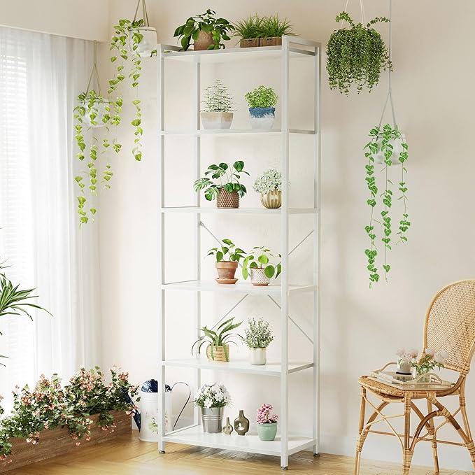 Casaottima Book Shelf, 6 Tier Tall Bookshelf, Modern Wood Bookcase Shelves for Bedroom, Industrial Display Shelf for Living Room Home Office Kitchen, Standing Shelving Unit Storage Organizer, White