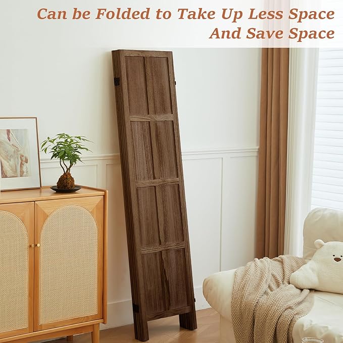 Leesinwing Wood Room Divider 4 Panel Folding Privacy Screen, Classic 5.6Ft Indoor Wooden Partition, Portable Partition Wall Divider for Room Separation, Home, Office, Bedroom, Restaurant (Brown)