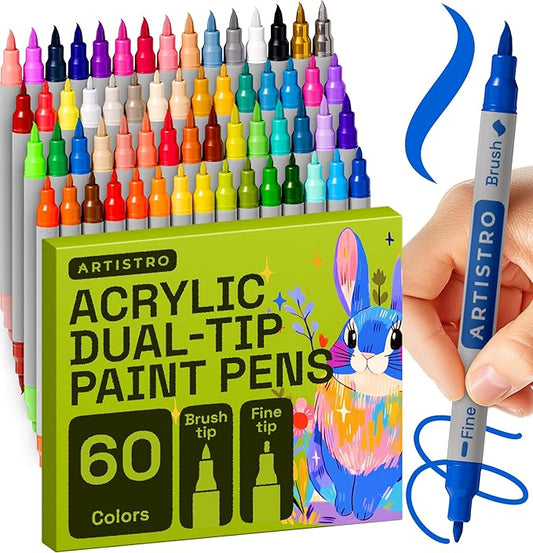 ARTISTRO 60 Acrylic Paint Markers - Paint Pens Dual Tip Brush + Fine Ideal for Calligraphy - Perfect for Fabric, Rock, Glass, Wood, DIY - Art Supplies, Stocking Stuffers, Christmas Gift Idea