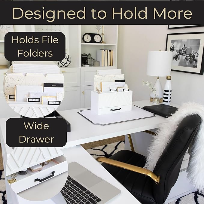 BLU MONACO White Desktop Mail Organizer with Drawer | Three-Tier Wooden Mail Holder with Gold Label Holders | Countertop Document and Bill Organizer for Home or Office