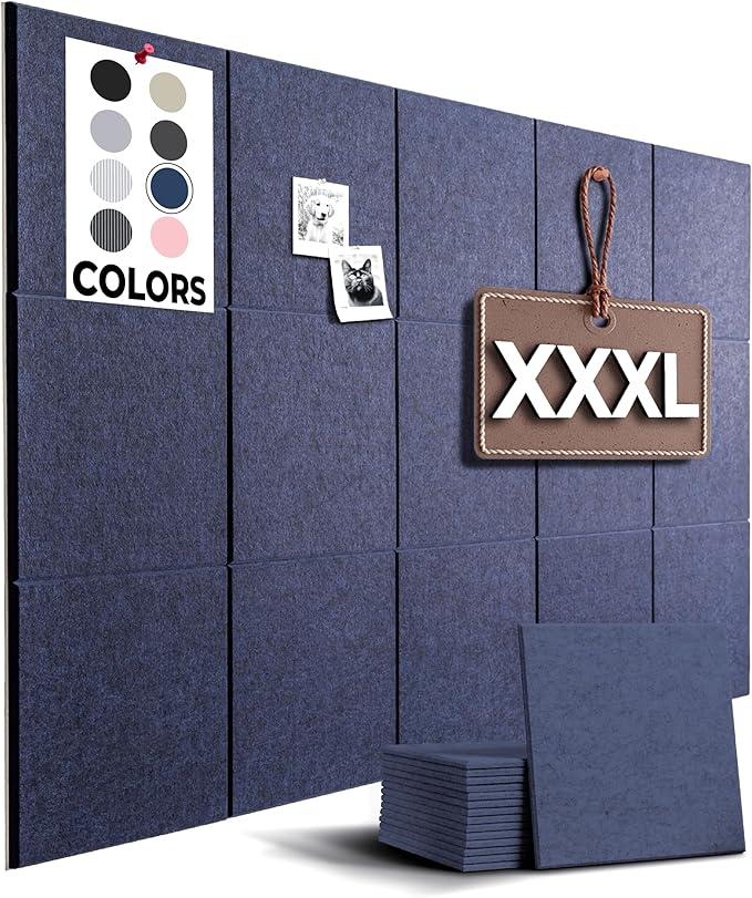 Large Cork Board Alternative | 15 Pack | Sizing Up to 59”x36”, Felt Wall Tiles, Office Wall Decor, Large Cork Boards for Walls, Corkboard, Cork Board for Office, Pin Board, Blue