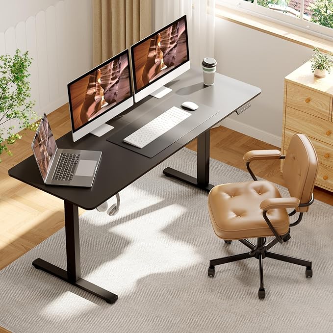 FitStand Adjustable Stand Up Desk Standing Desk, 63x24 Inches Home Office Desk with Memory Preset, Computer Workstation Splice Black Top + Black Frame