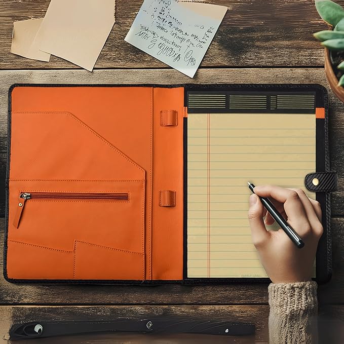 LEATHER VILLAGE Portfolio Professional Organizer– Carbon Fiber Genuine Leather Padfolio Resume Folder for A4 Letter Pad with Pen Holder, Business Card Slots – Ideal for Men & Women- Black Orange