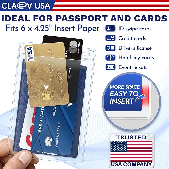 Claev Flexible and Tear Resistant Vertical 4x6 Passport & Card Holders (4x6 Extra Large (XXL), 50 Pack), Clear Zipperless ID Plastic Name Card Badge Holders for Travel, Conferences, Conventions