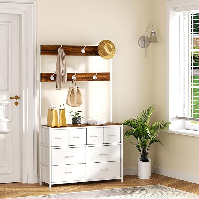 YKVIQBY 8 Drawer Dresser with 6 Double Hooks, 68.9" Tall Closet Organizer and Storage, Fabric Dresser for Bedroom, Nursery, Closet, Space-Saving Freestanding Storage Cabinet (White)