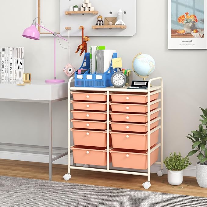 Giantex 12 Drawers Rolling Storage Cart, Classroom Organizers with Wheels for Tools Scrapbook Craft Paper Teacher Office School Supplies (Peach Fuzz)