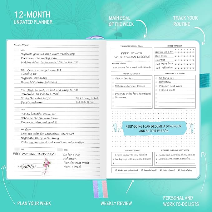 Undated Luxurious Weekly & Monthly Planner to Increase Productivity Hit Your Goals, Organizer Notebook Gratitude Journal Time Management Start Anytime, A5, Lasts 1 Year