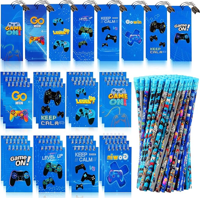 Kolewo4ever 148 Pieces Video Game Theme Stationery Set:100 Pcs Video Game Pencils 24 Pcs Game Pattern Mini Spiral Notepad Memo Pad 24 Pcs Game Metal Charms Bookmarks (Style-2)