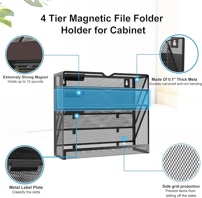 KZWKRG 4 Tier Magnetic File Holder, Large Capacity Mesh Hanging Wall Organizer Vertical Magnetic Hanging File Organizer, Magnetic File Folder Holder for File Cabinets, Office, Whiteboard (Black)
