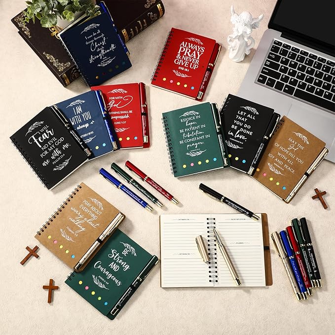 Spakon 30 Set Valentine's Day Christian Gifts Bulk Church Sticky Note Spiral Notebook Bible Verse Ballpoint Pen Prayer Journal Religious Scripture Notepad Sunday School Teacher Pastor Party Favor