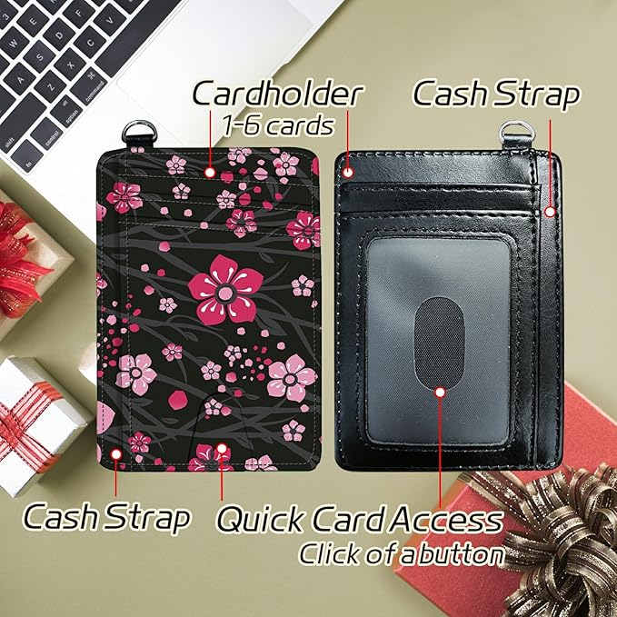 BWEGRHE Small Travel Wallets, Pink Cherry Blossom Slim Minimalist Front Pocket Wallet with Wristlet, RFID Blocking PU Leather Credit Card Holder with ID Window Change Purse for Men Women