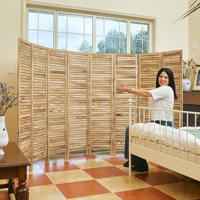 Room Dividers and Folding Privacy Screens, Wood Louvered Separators Divider Wall for Home Office Bedroom - 8 Panels (Natural)
