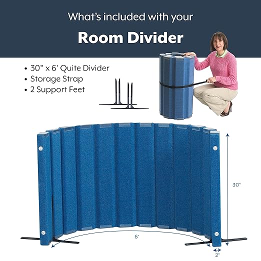 Angeles 30" x 6' Quiet Divider With Sound Dampening Panels, Freestanding Room Divider Wall, Blue
