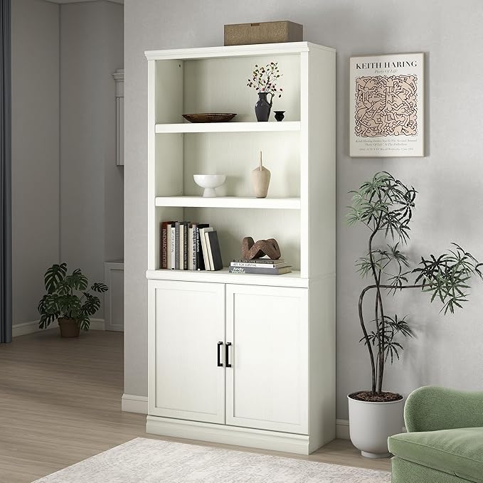 Bevfint 70 Inch Tall Bookcase with Doors, Library Office Bookshelf with Adjustable Shelves, Floor Standing Storage Cabinet for Bedroom Living Room Organizer with Anti Tipping Kit, Soft White Finish
