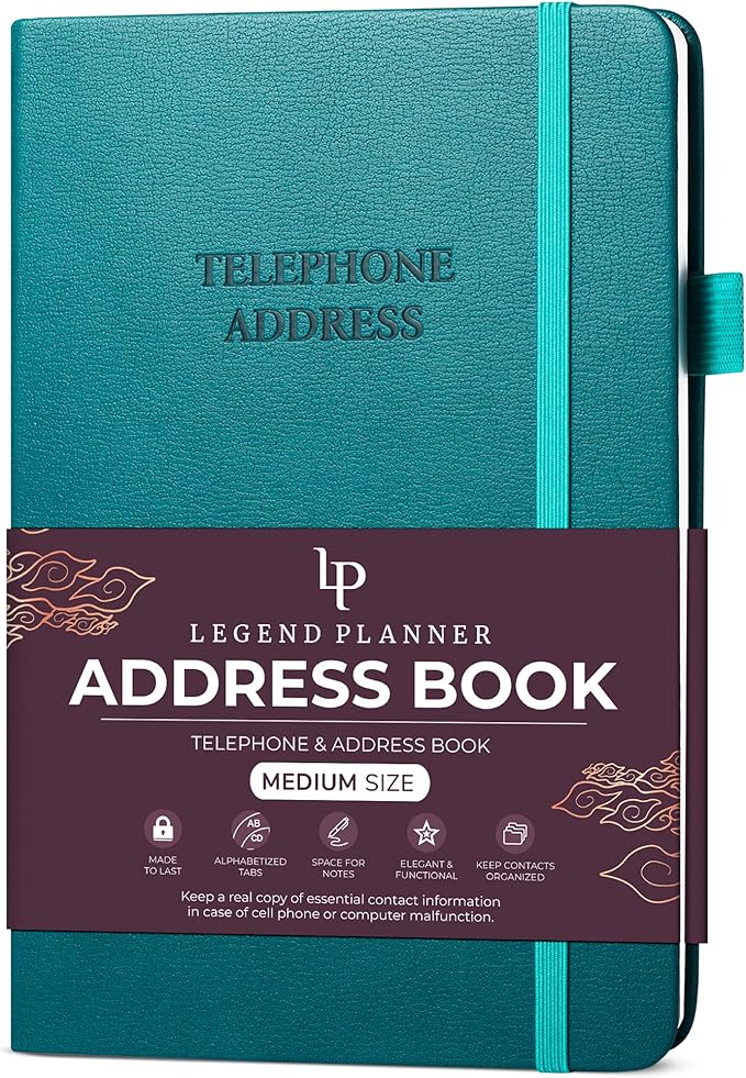 Legend Planner Address Book with Alphabetical Tabs –Telephone Contacts Book for Phone Numbers, Addresses, Passwords, Medium (Dark Teal)