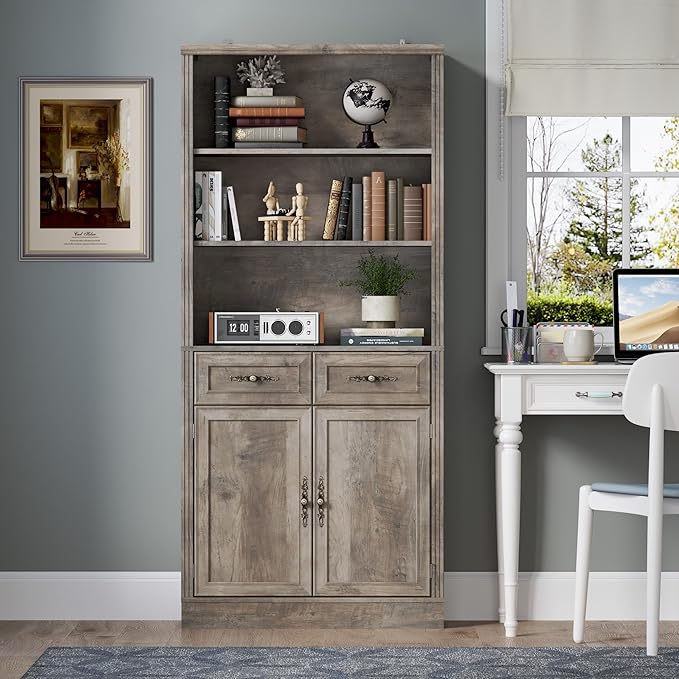 BORNOON 71.4" Tall Bookshelf with Drawers & Cabinet, 5-Tier Floor Standing Bookcase with Storage Doors, Adjustable Shelves & Metal Handles, 31.5" Wide Organizer for Home Office, Living Room