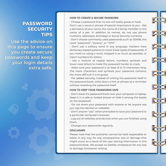 Clever Fox Password Book Spiral – Mini Internet Address & Password Organizer with Laminated Alphabetical Tabs – Small Password Keeper Journal – Hardcover, Pocket Size, 4.7x5.7” (Mystic Blue)