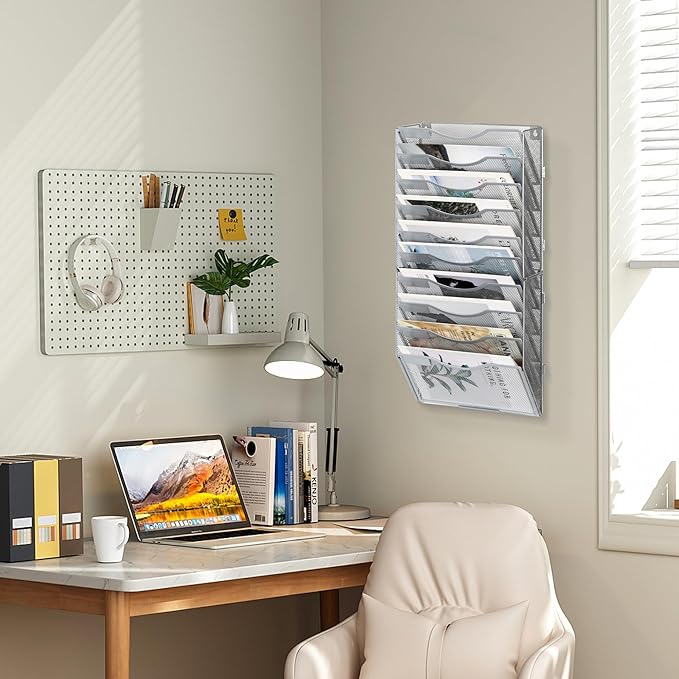EasyPAG Wall File Organizer for Office 10 Pocket Mesh Wall Mounted Paper Organizer Hanging Folder Holder with Nametag Label for Home School, Silver